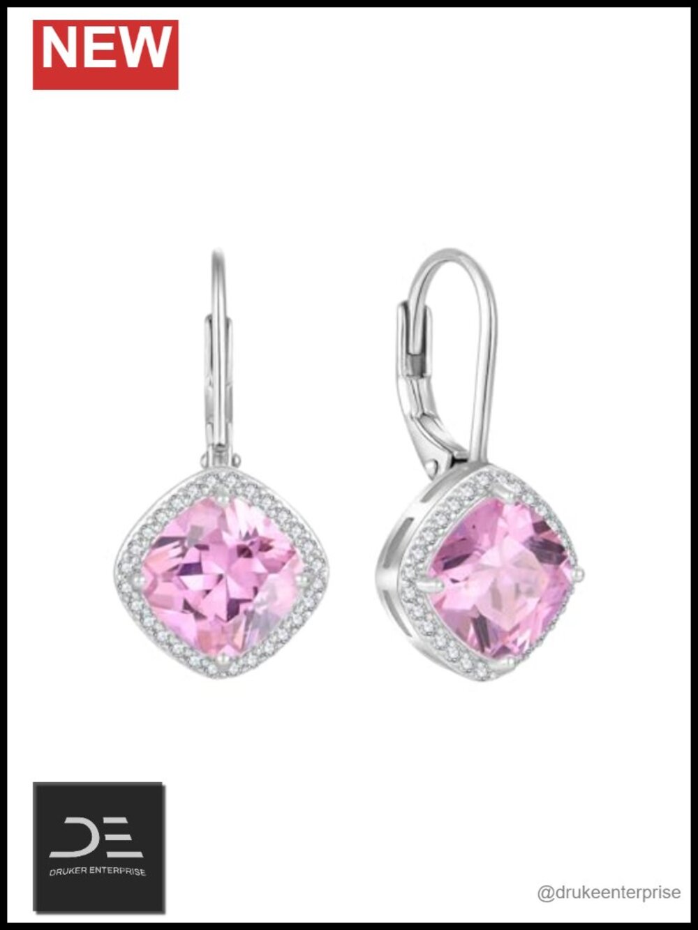 925 Sterling Silver Classic Halo Square Earrings Lever Back 5A Cubic Zirconia